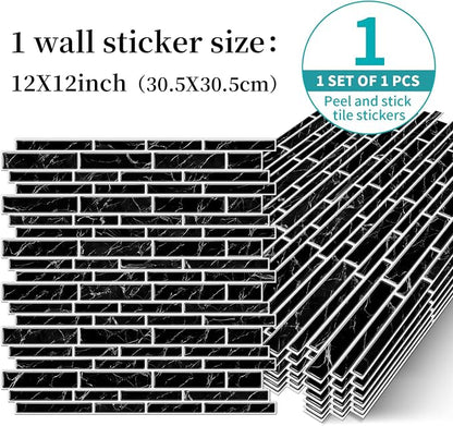 Alwayspon 10 Sheets 12" x12inch Black Marble Effect Vinyl Tiles, Backsplash, Self-Adhesive Peel and Stick Wall Tile Stickers, Stick on Subway Tiles for Kitchen Bathroom Wall Decor