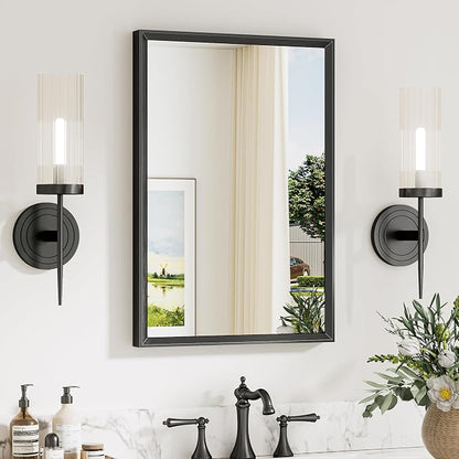 Keonjinn 16" x 24" Small Bathroom Mirrors for Over Sink, Black Metal Framed | Rectangle Mirrors for Wall, Small Bathroom Vanity Mirror, Tempered Glass, Square Corner, Suitable for Compact Apartment