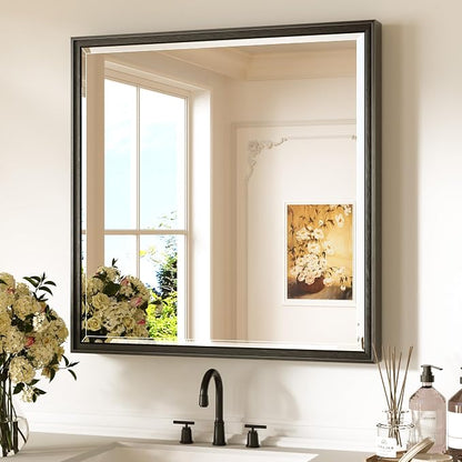 Keonjinn 30" x 30" Black Square Bathroom Mirrors for Over Sink, Aluminum | Safe Tempered Glass, Effortless French Cleat Installation, Clear Reflection, Modern Farmhouse, Black Vanity Mirror for Wall