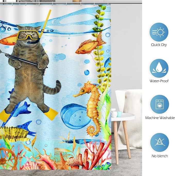 Aimego Long Funny Shower Curtain - Cat Sea Ocean Animal Underwater Tropical Fish Coral Seahorse Fabric Cloth Shower Curtain Set with 12 Hooks for Bathroom Decor Accessories Bathtub Curtain, 72"x78"