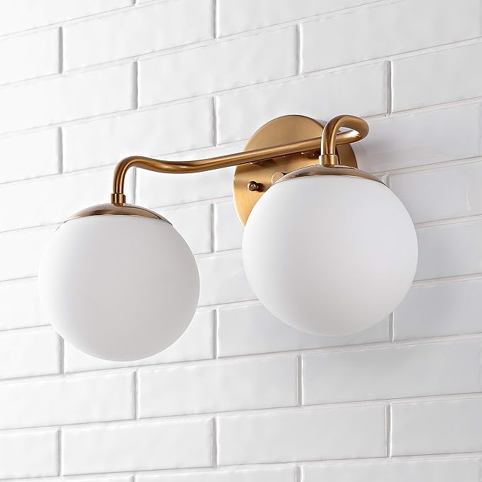 JONATHAN Y 15" Brass Gold Modern Globe Wall Sconce Vanity Light for Bathroom, White Frosted Glass Shade, Midcentury Parisian Bistro Wall Lamp, LED Bulb Included (JYL3535A)