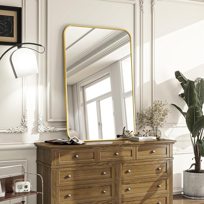 24x36 Inch Gold Bathroom Vanity Mirror for Over Sink | Rectangle Wall Mirror for Bathroom with Round Corner, Hangs Horizontally Vertically for Living Room, Bedroom as Home Decor