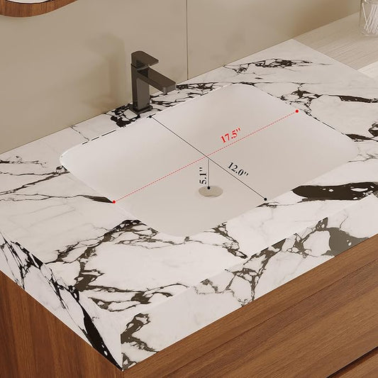 30 inch Modern Floating Bathroom Vanity with Faux Marble Countertop and Ceramic Sink, Wall-Mounted Bathroom Vanity Cabinet with 2 Soft Closing Drawers for Bathroom, Powder Room, Apartment, Walnut