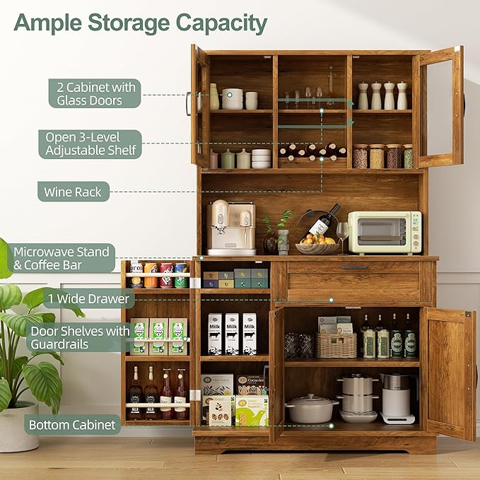 Shintenchi 68" Kitchen Pantry Storage Cabinet, with Microwave Stand, Brown | Freestanding Buffet Cabinet, with 3 Door Shelves, Kitchen Hutch with Doors, Adjustable Shelves and Wine Rack