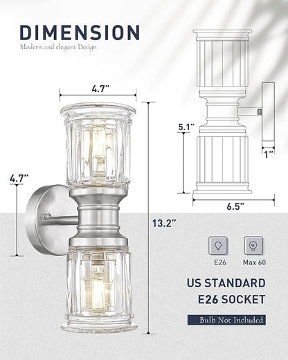 Bathroom Wall Sconces, HWH Brushed Nickel Wall Lighting for Bedroom, 2-Light Bathroom Light Fixtures with Bell-Shaped Clear Glass, Brushed Nickel Finish, 5HZG106B-2W BN