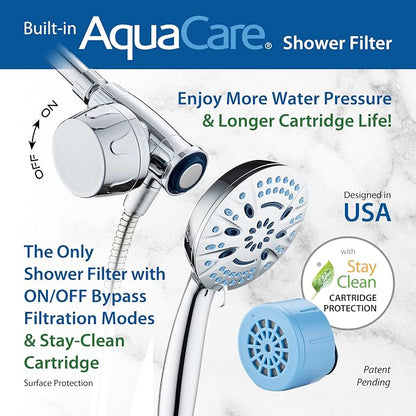 AquaCare Magneton 8-Mode High Pressure Handheld Shower Head w/Water Filter | Filters Chlorine & Toxins for Healthy Hair & Skin. Spaca-age Magnetic Docking, Hygienic Jets, Long 6 ft. Metal Hose / Chrome