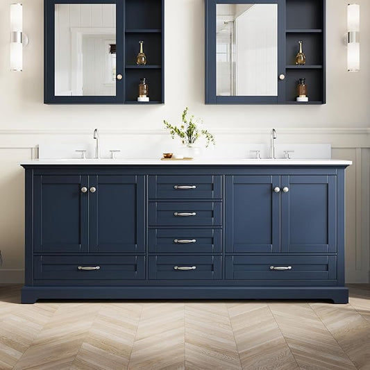 WELLFOR 80" Bathroom Vanity with Double Sinks, Bathroom Freestanding Vanity W/4 Soft-Close Doors and 6 Drawers, Large Storage Space Vanity, Cultured Marble Countertop (Navy Blue)
