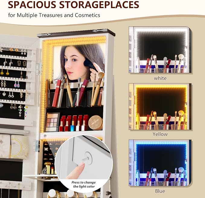LVSOMT Jewelry Cabinet Standing, 360° Swivel Jewelry Armoire, White Brown | Full Length Mirror with Storage, 3 Rear Shelves, Internal Mirror, 3 Color Lights, Lockable for Bedroom, Women Girls Gift