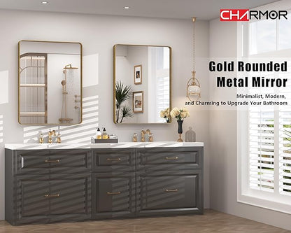 28x32 Gold Bathroom Mirror, Rounded Rectangle Gold Frame Mirror, Brushed Gold Brass Bathroom Vanity Mirror Wall-Mounted, Anti-Rust, Hangs Horizontally or Vertically