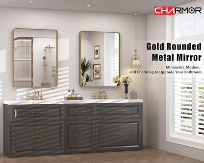 24x30 Inch Gold Bathroom Vanity Mirror | Rounded Rectangle Gold Mirror, Brushed Gold Brass Frame, Anti-Rust, Shatterproof, Hangs Horizontally or Vertically