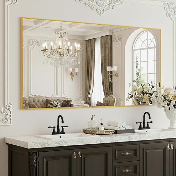 FICTOR Bathroom Vanity Mirror for Over Sink, 55" x 30", Gold | Anti-Rust Frame, Shatterproof Tempered Glass, Vertical/Horizontal Wall Mounted Mirror for Bedroom, Entryway, Living Room