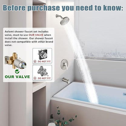 Aolemi Tub Shower Faucet Set With Valve Wall Mount Shower Trim Kit 6 Inch Bathtub Fixtures Rough-in Valve Single-Spray Shower Head System 5.3 Inch Tub Spout Brushed Nickel Modern