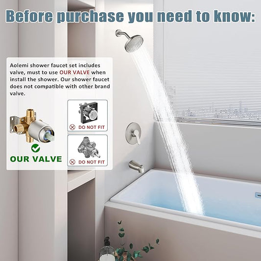 Aolemi Tub Shower Faucet Set With Valve Wall Mount Shower Trim Kit 6 Inch Bathtub Fixtures Rough-in Valve Single-Spray Shower Head System 5.3 Inch Tub Spout Brushed Nickel Modern