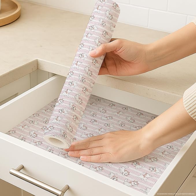 Disney Aristocats Non-Adhesive Shelf Liner, 18" x10', Non-Slip | Water and stain resistant, repositions without damage, cuts to fit, wipes clean, ideal for kitchen, pantry, fridge, or bath