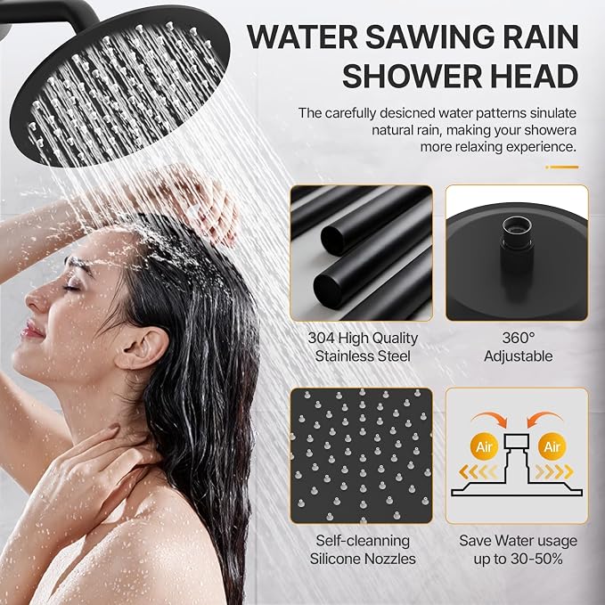 Shower Faucet Set 8IN Brass Rough-In Valve Body Trim Kit Rainfall Included Handle Accessories Complete 2 Functions with Rain Head and Handheld Bathroom Systems (8 Inch Matte Black)