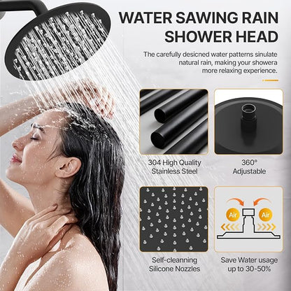 Shower Faucet Set 8IN Brass Rough-In Valve Body Trim Kit Rainfall Included Handle Accessories Complete 2 Functions with Rain Head and Handheld Bathroom Systems (8 Inch Matte Black)