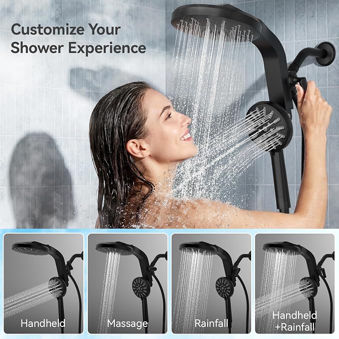 INAVAMZ High Pressure Rain Shower Head Combo with Magnetic Handheld Black | Dual Shower System with Rainfall Showerhead and 8-Spray Handheld, Magnetic Dock, Adjustable Angle, Power Jet for Cleaning
