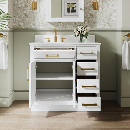 36-Inch Bathroom Vanity with Sink W/ 2 Doors & 4 Drawers & 1 Flip Drawer, White Vanity W/Brushed Gold Handles