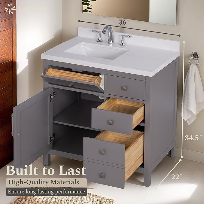 Lavanti Oakford 36 Inch Bathroom Vanity with Sink – Stylish Gray Vanity Bathroom with Storage Cabinet – Modern Bathroom Vanities with Single Vanity Sink & Quartz Countertop