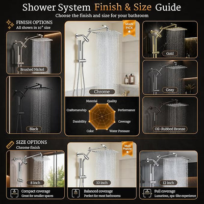 Veken All Metal 10"Luxurious Rain Shower Head with Handheld Spary,Power Jet | Square,Dual High Pressure Showerhead Combo,Double Detachable Shower Heads,Rainfall with Extension Arm,Long Hose,Chrome,Silver