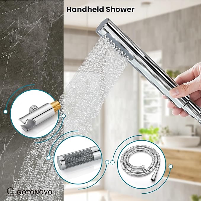 gotonovo Shower System 10 Inch Round Rainfall Showerhead Wall Mounted High Pressure Shower Faucet Set Fixture Combo with Rough in Valve and Cylindrical Handheld Spray, Polish Chrome