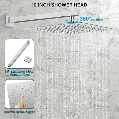 FPXRNG Shower Faucet Set Bathroom Square Rain Shower Head and Handle Set, Wall Mounted Shower Fixtures, Full Metal Trim Repair Kit 10 inch Polished Chrome (With Shower Valve)