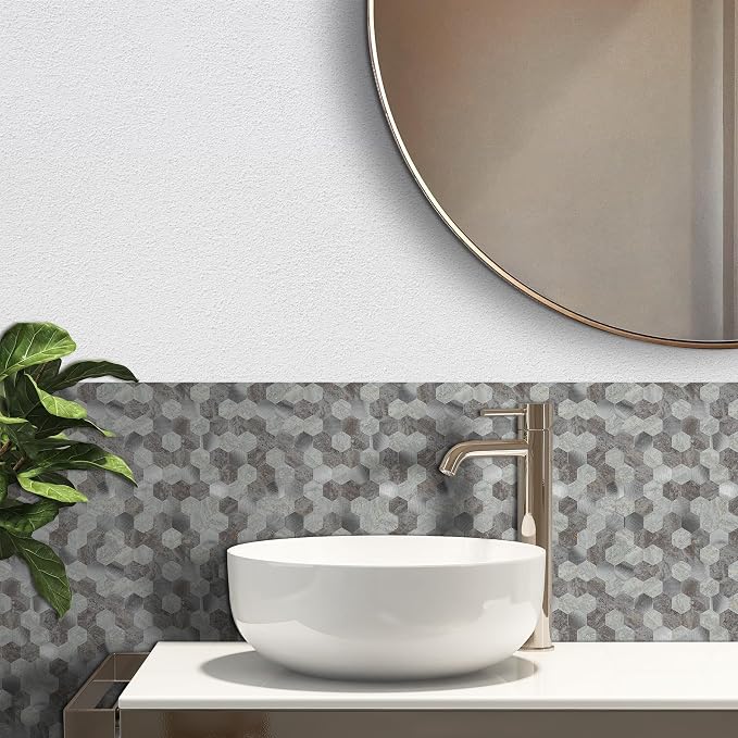 12 Sheets Peel and Stick Backsplash Tile, Hexagon Gray Stone Rock Mixed Brushed Metal Stick on Backsplash, Honeycomb Self Adhesive Mosaic Wall Tiles for Kitchen Bathroom (11.3" x 5.7")