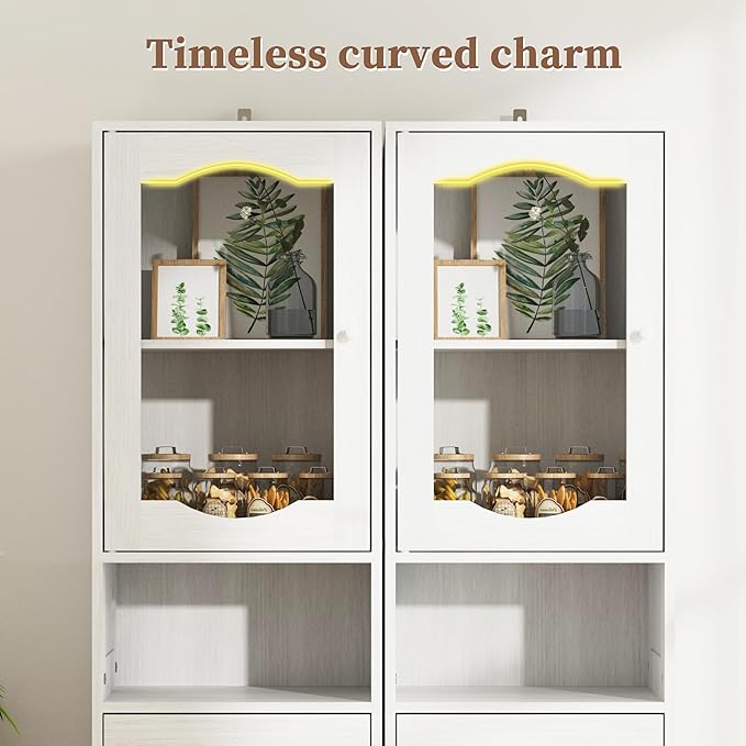 66.4" Tall Bathroom Storage Cabinet with Adjustable Shelves and Glass Doors, Anti-Tipping Narrow Cabinet, Linen Cabinet for Bathroom, Kitchen, Living Room, Cloud White