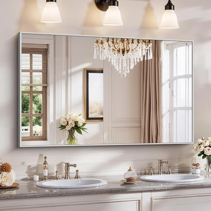 YIROMAN Bathroom Mirror 50"x30", Large Brushed Silver Bathroom Mirror for Over Sink with Aluminum Frame, Rectangular Vanity Mirror with Right Angle, Wall Mirror Hangs Horizontal or Vertical