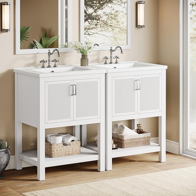 Tribesigns 48" Bathroom Vanity with Sink, Modern Freestanding Vanity with Ceramic Porcelain Basin, 2-Door Storage Cabinet & Open Shelf for Small Bathroom, Industrial, White