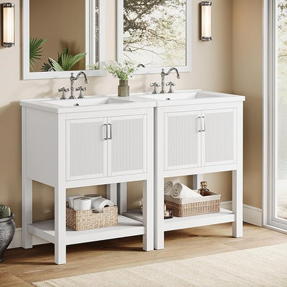 Tribesigns 48" Bathroom Vanity with Sink, Modern Freestanding Vanity with Ceramic Porcelain Basin, 2-Door Storage Cabinet & Open Shelf for Small Bathroom, Industrial, White