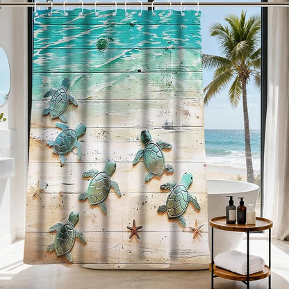Green Beach Sea Turtle Shower Curtain Nautical Teal Theme Fabric Bathroom Blue Ocean Decor with Grommets and Hooks 72 x 84 Inch Blue