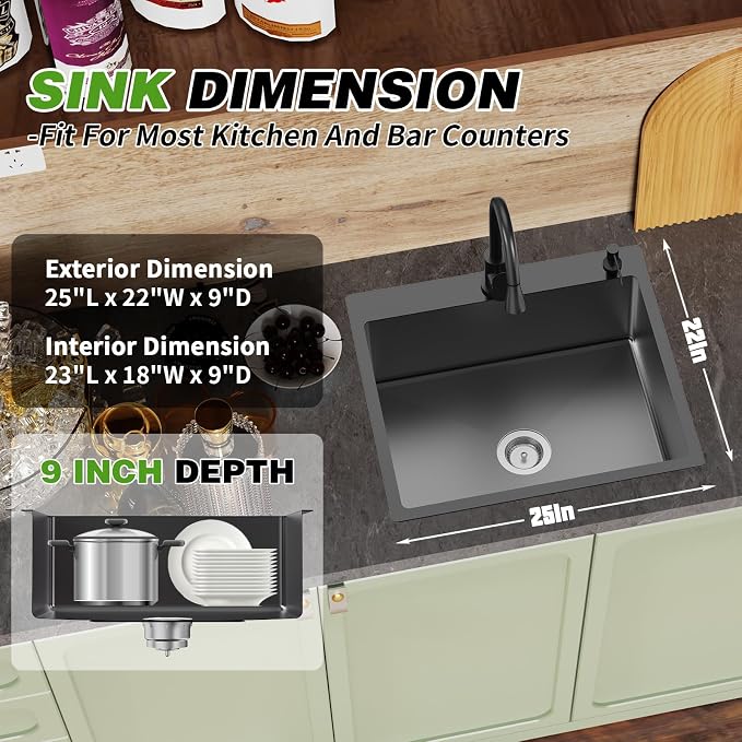 Black Kitchen And Bar Sink, 25x22 Inch Stainless Steel Drop In Kitchen Sink Modern Single Bowl Topmount Bar Sink Combo-Silicon Mat,Drain Strainer Set Compatibility With Various Kitchen & Bar Style