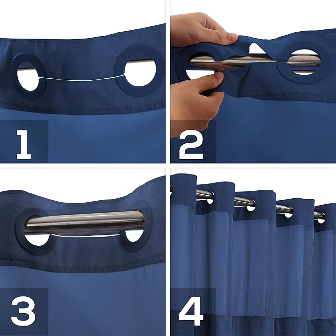 River Dream Extra Long No Hook Shower Curtain with Snap-in Liner, Navy | 71W x 86H, Snap on/off Waterproof PEVA Liner, See Through Top Window, Slub Textured, XL Hotel Style Shower Curtain Set