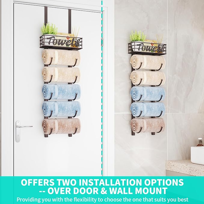 HapiRm Towel Racks for Bathroom Storage - 6 Tier Over The Door & Wall Mount Rolled Towel Storage Organizer Holder with Metal Shelf Basket for Small Bathroom, Camper, Rv - Bronze, Patented