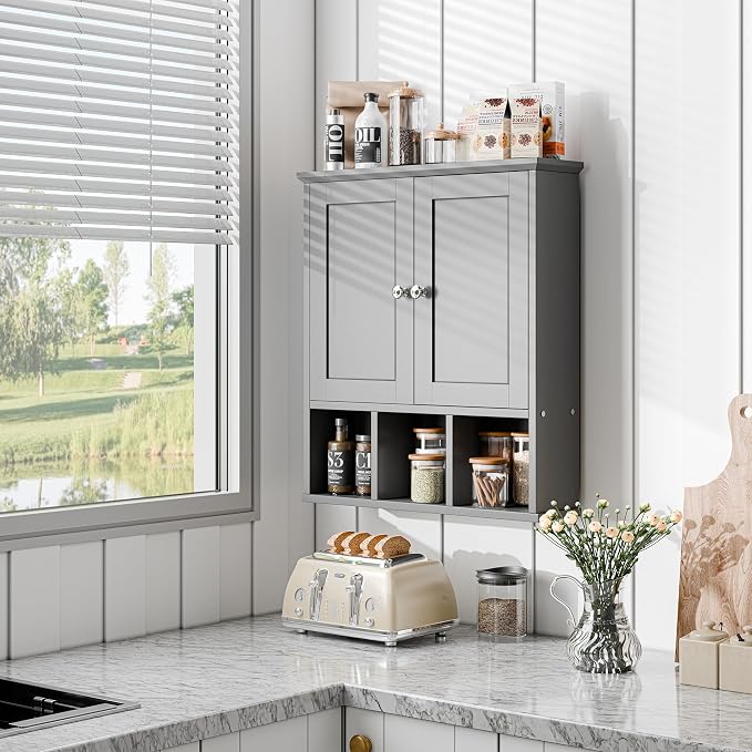 Bathroom Wall Cabinet, Bathroom Cabinet Wall Mount with 2 Doors and 3 Open Shelves, Over The Toilet Wood Medicine Cabinets for Laundry Room, Grey
