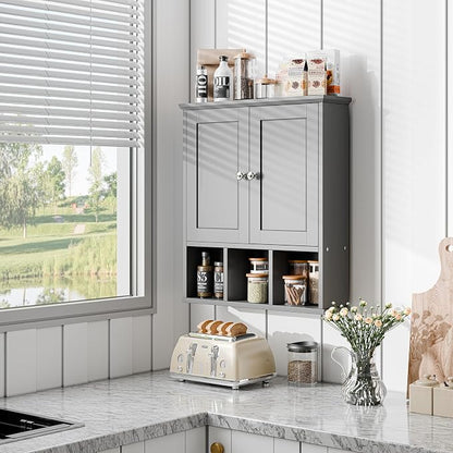 Bathroom Wall Cabinet, Bathroom Cabinet Wall Mount with 2 Doors and 3 Open Shelves, Over The Toilet Wood Medicine Cabinets for Laundry Room, Grey