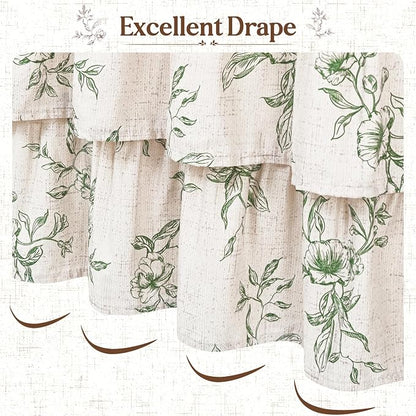 Extra Long Farmhouse Ruffle Shower Curtains with Green Floral, 72"Wx90"L | French Country Vintage Rustic Washable Waterproof Shower Curtain for Bathroom Bathtub, 12 Metal Hooks