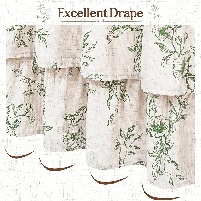 Extra Long Farmhouse Ruffle Shower Curtains with Green Floral, 72"Wx84"L | French Country Vintage Rustic Washable Waterproof Shower Curtain for Bathroom Bathtub, 12 Metal Hooks