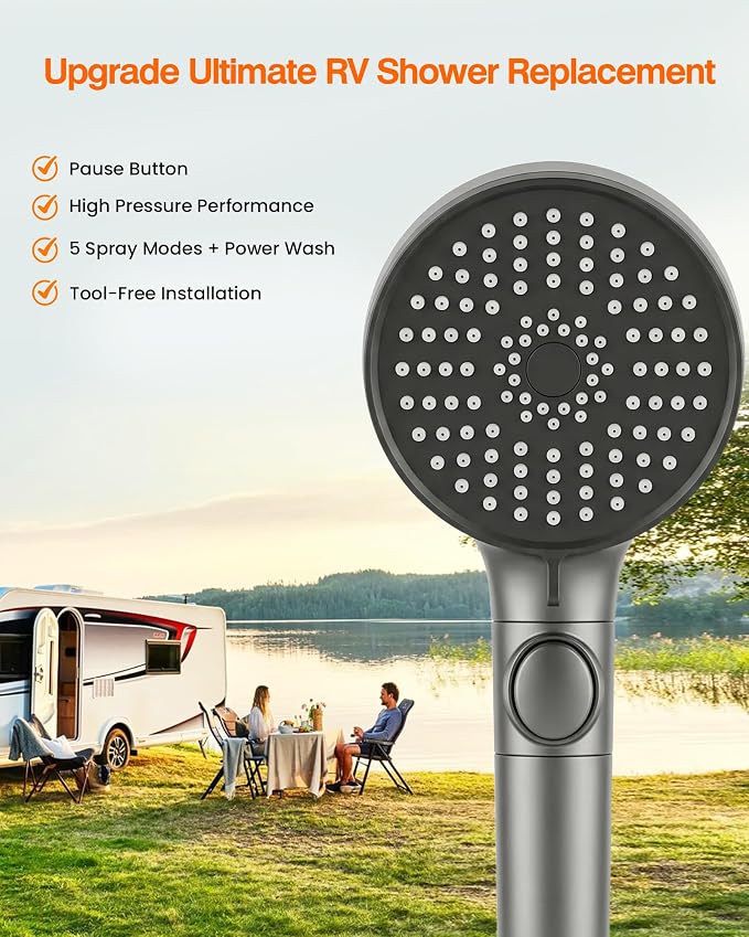 RV Shower Head with Hose, High Pressure Handheld RV Shower Head Replacement with On Off Switch,5 Modes,Power Jet, Camper Shower Head for RV,Travel Trailer,Motorhome,Boat RV Essentials,Gray