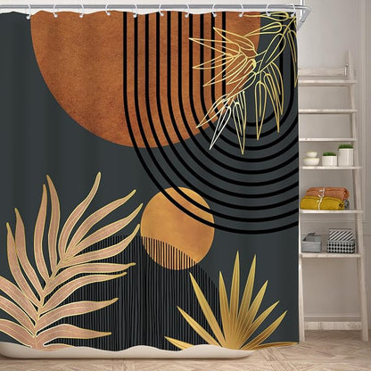 Mid Century Brown Black Boho Abstract Modern Bathroom Shower Curtain Set | 72Wx72L Plant Botanical design, waterproof HD print with fast-drying fabric and 12 hooks.