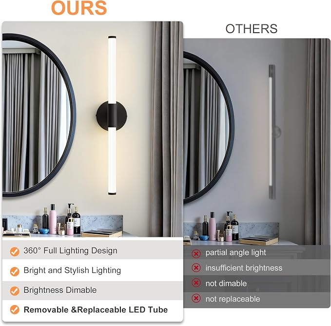 LED Bathroom Vanity Lights Black Modern Wall Sconce 24" | 360° Bright Lighting, Dimmable Vanity Light Bar, Hardwired Wall Lights 4000K Natural White for Mirror