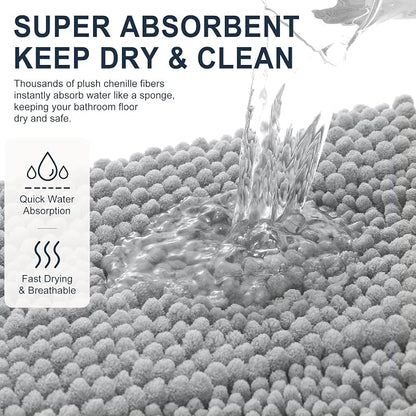 Smiry Thick Chenille Bathroom Rugs 30x20, Absorbent Bath Mat, Light Grey | Quick‑Dry & Machine Washable, Non‑Slip Bath Carpet, Soft Striped Bath Rugs for Tub & Shower, Modern Home Decor Accessories