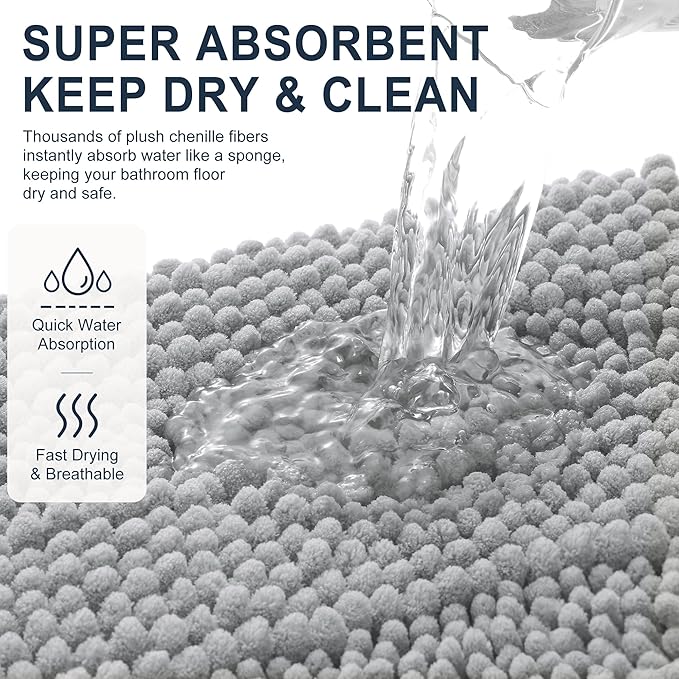 Smiry Thick Chenille Bathroom Runner Rugs 59x20, Soft Bath Mat, Light Grey | Quick‑Dry & Machine Washable, Non‑Slip Bath Carpet, Striped Bath Rugs for Tub & Shower, Modern Home Decor Accessories