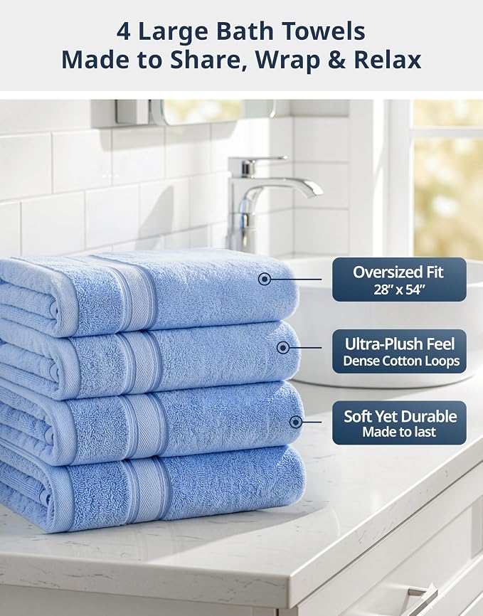 LANE LINEN Bath Towel Set Quick Dry 100% Cotton 4 Piece Soft - Allure | Cotton Towels - Classic Terry Weave, Densely Woven, Coordinated Colors, Dobby Border Accent, OEKO-TEX Certified