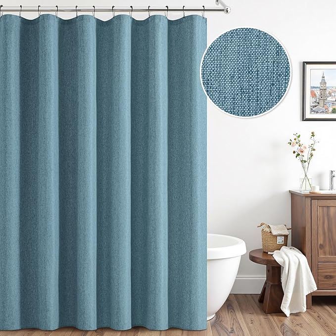 ANRODUO Long Linen Shower Curtain, 84 Inch Fabric Shower Curtain Set with 12 Metal Hooks, Waterproof & Heavy Duty Polyester, Button Hole Design, Machine Washable for Bathroom, 72x84, Moonlight Blue