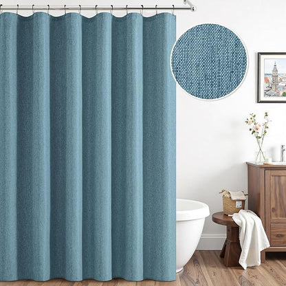 ANRODUO Moonlight Blue Long Linen Fabric Shower Curtain Set - W72xL108 | Farmhouse Shower Curtain with 12 Metal Hooks, Waterproof Heavy Duty, Button Hole Design, Machine Washable for Bathroom