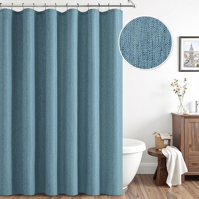 ANRODUO Moonlight Blue Linen Textured Fabric Shower Curtain Set - W72xL84 | Farmhouse Shower Curtain with 12 Metal Hooks, Waterproof Heavy Duty, Button Hole Design, Machine Washable for Bathroom