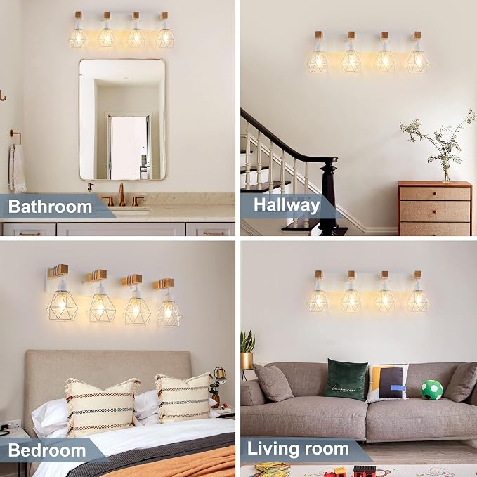 VbiTmn Bathroom Light Fixtures, 4 Light White Farmhouse Wood Vanity Lights | Rustic Design, Diamond Metal Shades, Easy to Install, Wall Sconces for Bathroom, Bedroom, Makeup Area, Over Vanity Mirror "