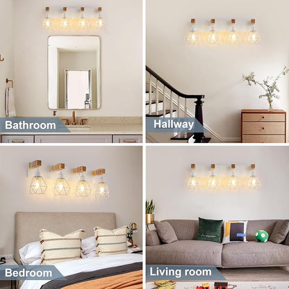 VbiTmn Bathroom Light Fixtures, 4 Light White Farmhouse Wood Vanity Lights | Rustic Design, Diamond Metal Shades, Easy to Install, Wall Sconces for Bathroom, Bedroom, Makeup Area, Over Vanity Mirror "